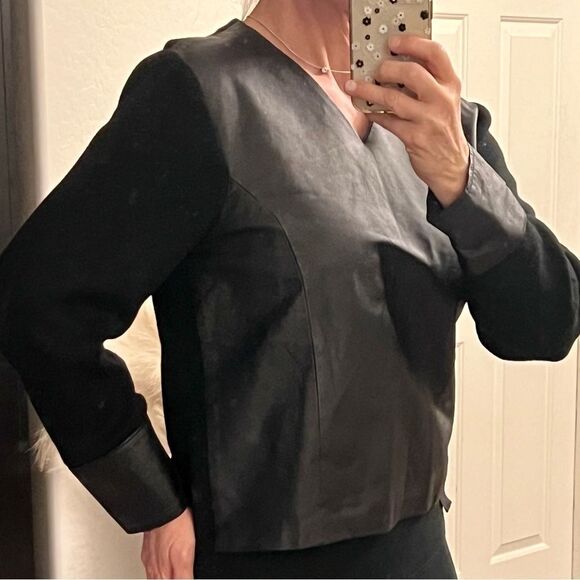 Vintage 90s Black Leather and Wool Mixed Media V Neck Relaxed Sweater M - Picture 1 of 11